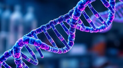Ultra-realistic, a detailed scientific illustration of a complex DNA helix, rendered in vibrant blues and purples, sharp focus, laboratory setting, high resolution