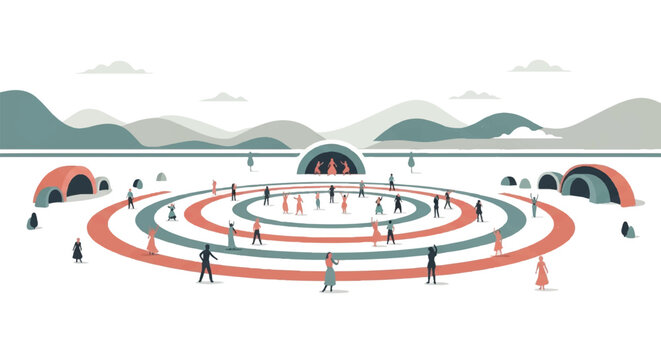 Illustration of people running on a multi-colored circular track with hurdles in a scenic outdoor setting with mountains and tents in the background.
