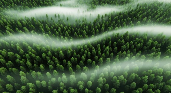 Aerial view of a green forest with fog a natural landscape with evergreen trees perfect for backgrounds and environmental concepts