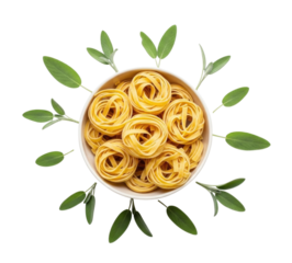 Nest of tagliatelle pasta with sage leaves transparent background cutout png
