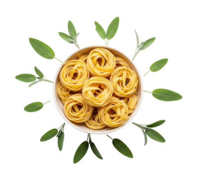Nest of tagliatelle pasta with sage leaves transparent background cutout png