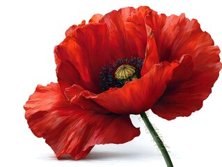 A vibrant red poppy flower with intricate details and a delicate stem stands out against a clean white background in this detailed artwork.