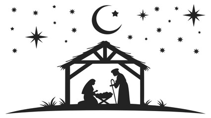 Nativity scene silhouette svg christmas religious joseph mary jesus manger stars moon night vector