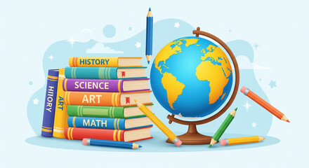 Colorful Detailed Book Stack With Globe Education and School Element