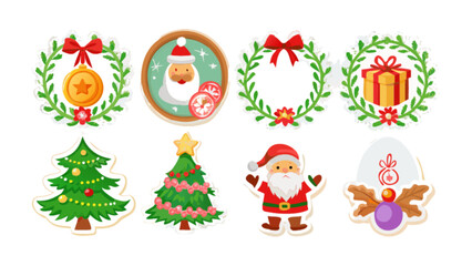 Fototapeta premium Christmas holiday stickers vector set with santa claus tree wreath and gift for festive designs