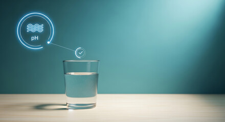 Glass of water with futuristic health data hologram overlay