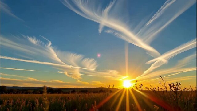 The series of frames captures a breathtaking sunset over a vast open field