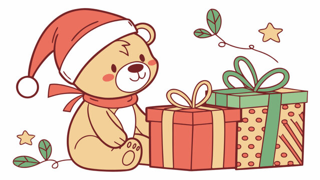 Cute christmas teddy bear with santa hat and gifts vector illustration holiday season celebration design