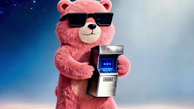 Pink Fuzzy Bear with Sunglasses Holding Mini Arcade Machine