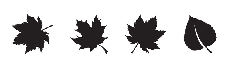 Collection of black maple leaves silhouettes isolated on a white background