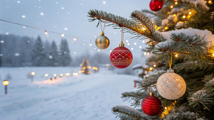 Outdoor Christmas tree branch displaying colorful ornaments including red and gold baubles against snowy landscape with soft bokeh.