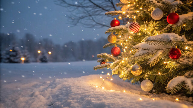 Outdoor Christmas tree branch displaying colorful ornaments including red and gold baubles against snowy landscape with soft bokeh. - Powered by Adobe