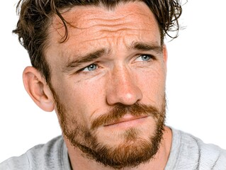 Obraz premium A thoughtful Caucasian man with a beard and blue eyes is looking off into the distance with a pensive expression on a clean white background.