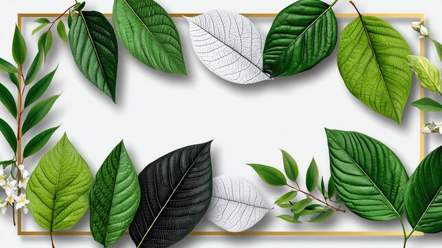 A vibrant arrangement of various leaves, showcasing a rich palette of greens and textures. Perfect for nature themes, backgrounds, or eco-friendly designs to enhance any project.