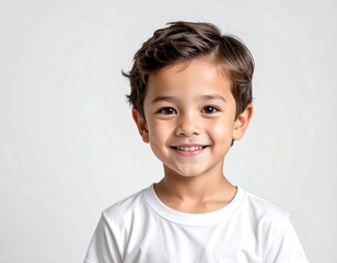 Portrait of a smiling young boy with curly brown hair, plain white tee