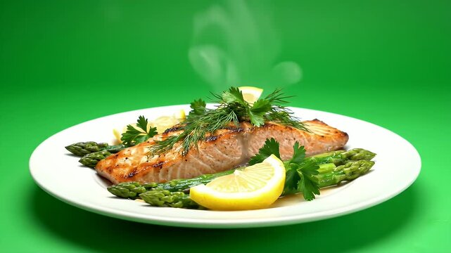Herb Grilled Salmon Fillet On Plate With Greens.