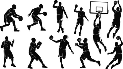 Basketball silhouettes, player action, dribbling, shooting, dunking, passing, defending, hoop slam, black vector icons, athletic motion, sports illustration, white background