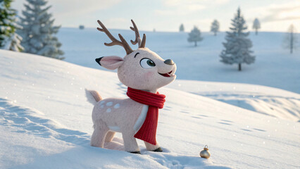 Adorable cartoon reindeer wearing red scarf stands in snowy landscape, small gold ornament nearby, winter trees background.