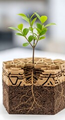 A young plant with vibrant green leaves growing in a cross-section of soil and biodegradable container, symbolizing sustainable gardening and environmental care