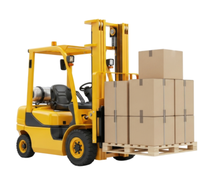 Yellow forklift lifting pallet of boxes transparent background cutout png