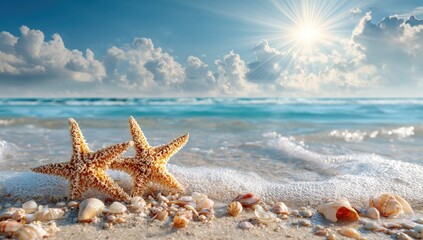 Starfish pair on sandy shore, waves lapping, sunny skies, fluffy clouds