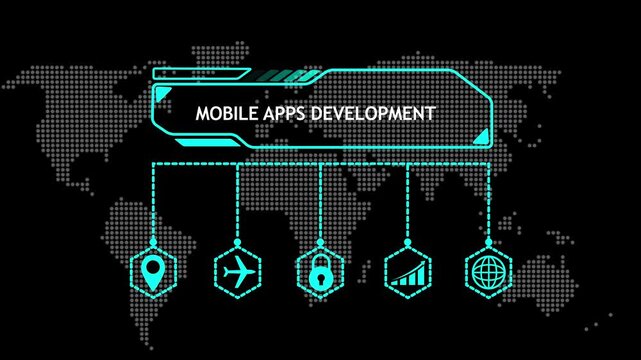 Mobile Apps Development Infographic on World Map Background app creation software development - Powered by Adobe
