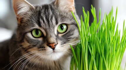 A close-up image of a curious grey tabby cat with striking green eyes, sitting next to fresh green grass indoors. This picture captures the playful and inquisitive nature of pets.