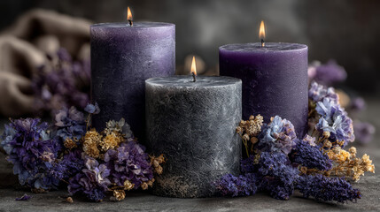 Three elegant textured candles in shades of purple and gray surrounded by vibrant lavender and dried flowers creating a calming cozy ambiance perfect for relaxation