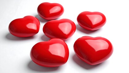 Fototapeta premium Six glossy red heart shapes arranged against a white backdrop