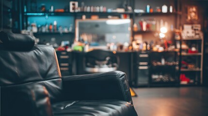 Barber chair in salon, sleek black leather seat with grooming products on shelves, in modern-styled barbershop, close-up, copy space
