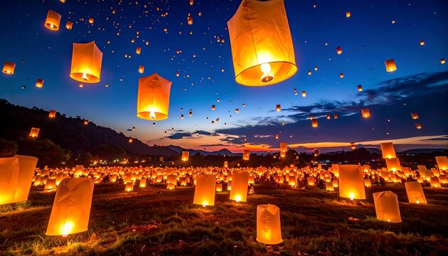 A vibrant nighttime scene features numerous glowing lanterns floating amidst a dusky sky, with a dark mountain range visible