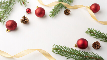 Red glittery baubles with pine branches, natural pinecones, and flowing gold ribbon arranged as festive frame on white.