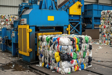A robust industrial baling machine compressing a large bale of mixed plastic waste.