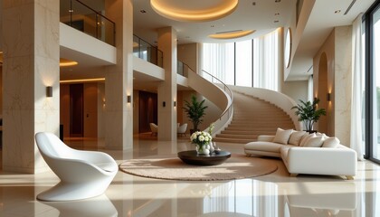 Elegant modern interior design of spacious lobby with stylish furniture and grand staircase in luxury building