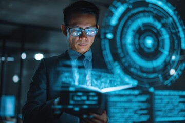 Businessman reviewing holographic task list autonomously completed by artificial intelligence agent with digital interface, perfect for productivity workflow automation and AI efficiency concept.