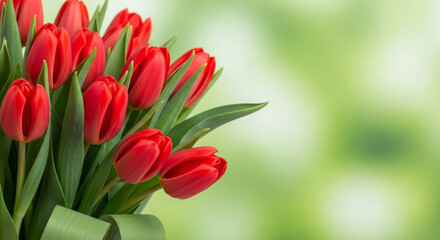 Obraz premium A close-up of vibrant red tulips bouquet with lush green leaves on a soft blurred green background, perfect for spring time celebrations, gifts, and adding beauty.