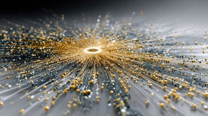 Photorealistic render of a quantum computer core, superconducting wires and glowing cryogenic components, intricate gold and sapphire details, scientific precision, ultra-detailed 