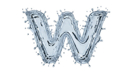 Isolated water letter W on a white backdrop. 3D render of liquid typography with splash effect. Conceptual element for design and decoration