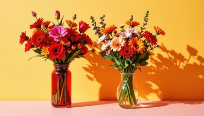 Bright and Colorful Flower Bouquets Against Vibrant Yellow Background for Decorative Inspiration