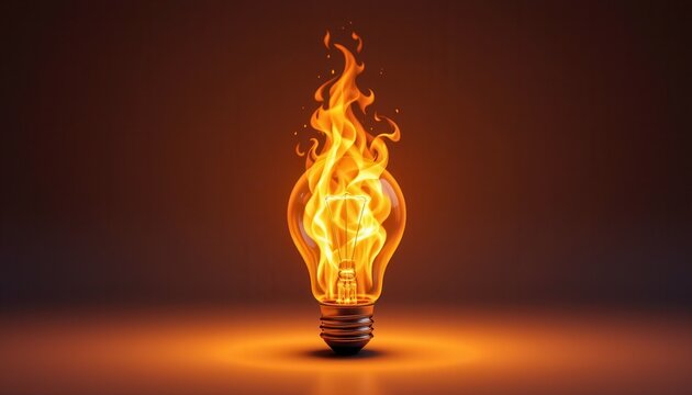 Vibrant Flame Emanating from Illumination Bulb with Warm Glow and Radiant Energy in Dark Background