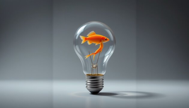 Golden Fish Swimming Inside a Transparent Light Bulb Creative Concept of Imagination and Innovation - Powered by Adobe