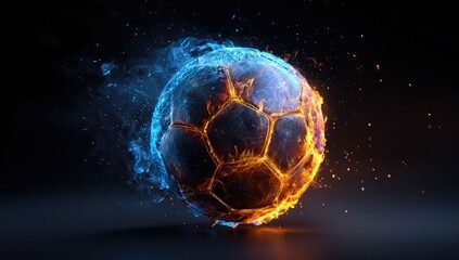 Flaming soccer ball with cool blue smoke on dark background