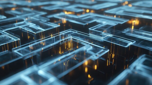 The process of machine learning, represented by a complex, transparent glass labyrinth where streams of light (data) learn the correct path, gradually forming a single, brilliant, efficient route