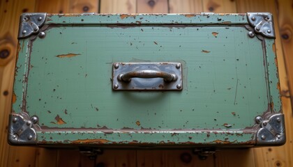 Vintage Green Wooden Suitcase with Rusty Metal Accents on Natural Wooden Background