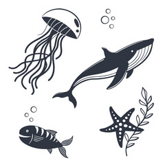 Underwater sea creatures and plant illustration ocean