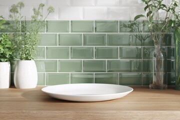 Clean kitchen scene, green tile backsplash, wood counter, white plate