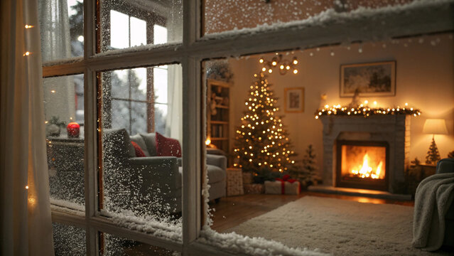 Snowy window view into cozy living room with illuminated Christmas tree, crackling fireplace, and warm holiday decorations inside.