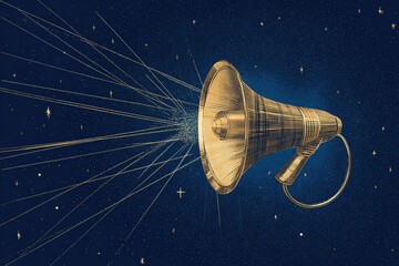 Golden megaphone emits light beams against starry, dark blue background