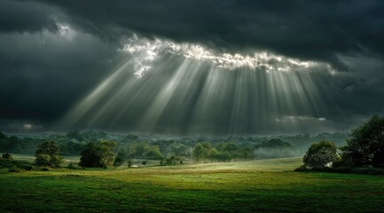Sunbeams piercing storm clouds above green field and distant trees