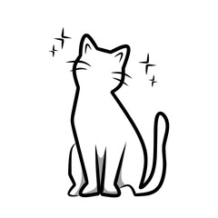 An elegant and simple line drawing of a cat sitting upright, looking upwards, with delicate star sparkles surrounding it. This minimalist illustration is perfect for various design projects.